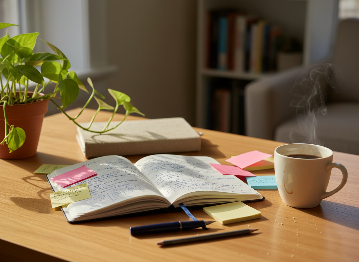 A warm creative workspace with an open notebook, steaming coffee cup, sticky notes and a green plant on a wooden desk