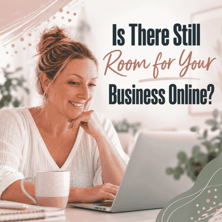 Kristy Coromandel working on her laptop with the words “Is There Still Room for Your Business Online?”